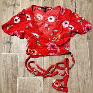 red floral wrap top